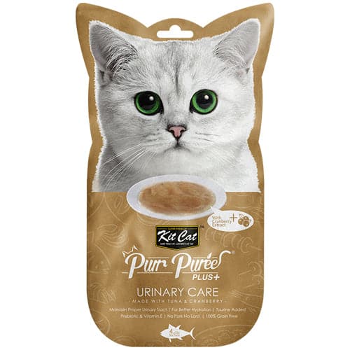 كت كات مكافآت التونا والتوت المهروس للعناية بالمسالك البولية 15غ × 4 - Kit Cat Puree Plus+ Tuna & Cranberry Urinary Care 4x15g Sachets