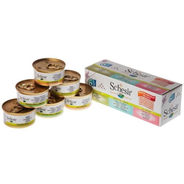 شيزير معلبات متعددة تونا متنوع بالمرق 6×70 غ للقطط - Schesir Cat Multi Cat Tuna Selection in Broth 6X70g